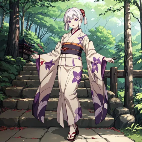 <lora:Amane_Ubuyashiki-10:0.7>outdoor,forest,high quality,Masterpeace,Amane_Ubuyashiki, 1girl, solo,white hair,kimono,makeup, obi, sandals, red lips, long sleeves, wide sleeves, beige kimono, purple eyes,asymmetrical hair