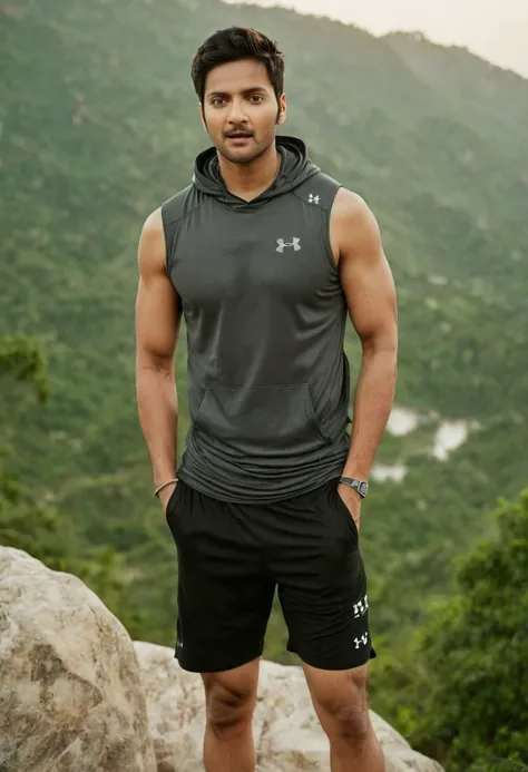 photo of Mahesh Babu a man <lora:Ali-Fazal_Mahesh-Babu:1>, wearing a sleeveless well-fitted under armour hoodie and compression shorts, standing on a boulder, outdoor trail, 35mm photograph, film, bokeh, professional, 4k, highly detailed, creek in the background, natural lighting, golden hour