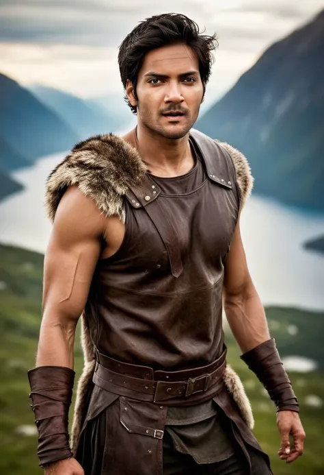 Ultra-detail, (highres:1.1), best quality, (masterpiece:1.3), Mahesh Babu a man <lora:Ali-Fazal_Mahesh-Babu:1>, a Viking warrior prince wearing fur and leather armor rags rising above a battlefield, scales, handsome 23yo Norway male model, dynamic posture posing, full-body from above, dramatic angle. hairy body, skinny muscled, perfect biceps, great pecs, thin waist, perfect jawline, strong and powerful, sporty, great detail, satisfaction,