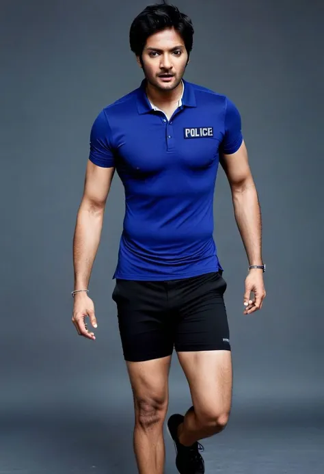 Ultra-detail, (highres:1.1), best quality, (masterpiece:1.3), Mahesh Babu a man <lora:Ali-Fazal_Mahesh-Babu:1>, skinny muscled, modern haircut, dynamic posture, ((wearing compression boxer briefs and police polo shirt)), dramatic angle, full-body from above looking away,