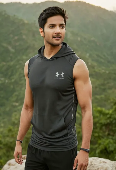 photo of Mahesh Babu a man <lora:Ali-Fazal_Mahesh-Babu:1>, wearing a sleeveless well-fitted under armour hoodie and compression shorts, standing on a boulder, outdoor trail, 35mm photograph, film, bokeh, professional, 4k, highly detailed, creek in the background, natural lighting, golden hour