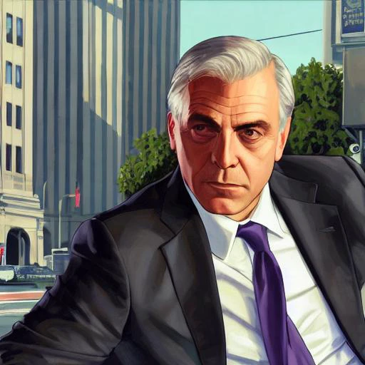 gtav style, man,A middle aged, black necktie, blurry, blurry background, blurry foreground, closed mouth, collared shirt, depth of field, formal, jacket, lips, looking at viewer, necktie, photorealistic, portrait, realistic, shirt, solo, suit, white shirt, wing collar, photo\(medium\),solo focus, stadium, George Timothy Clooney, street scene