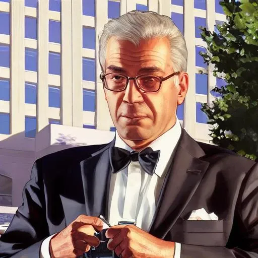 gtav style, man,A middle aged, black necktie, blurry, blurry background, blurry foreground, closed mouth, collared shirt, depth of field, formal, jacket, lips, looking at viewer, necktie, photorealistic, portrait, realistic, shirt, solo, suit, white shirt, wing collar, photo\(medium\),solo focus, stadium, George Timothy Clooney, street scene