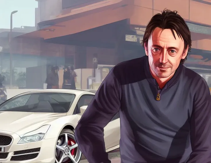 gtav style portrait of (richard hammond) ,on parking area, photo\(medium\),focus to man,middle age guy,Car in background