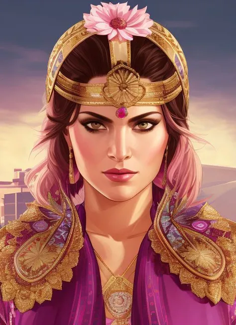 gtav style (symmetry:1.1) (portrait of floral:1.05) a woman as a beautiful goddess, (assassins creed style:0.8), pink and gold and opal color scheme, beautiful intricate filegrid facepaint, intricate, elegant, highly detailed, digital painting, artstation, concept art, smooth, sharp focus, illustration, art by greg rutkowski and alphonse mucha, 8k