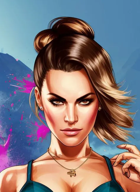 gtav style award winning half body portrait of a woman in a croptop and cargo pants with ombre navy blue teal hairstyle with head in motion and hair flying, paint splashes, splatter, outrun, vaporware, shaded flat illustration, digital art, trending on artstation, highly detailed, fine detail, intricate