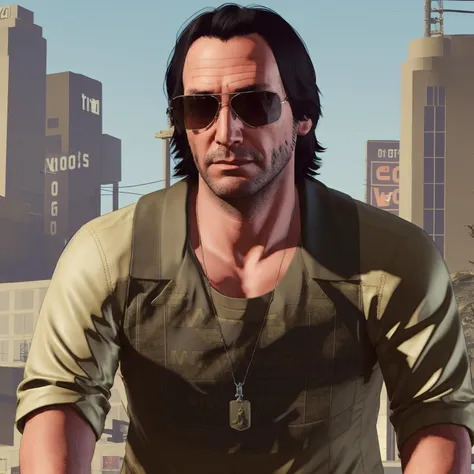 gtav style, happy johny_silverhand, man, wearing a ((beige suit)) jacket and a dark shirt, with sunglasses AND military tag necklace, is walking on the street, [[keanu reeves]], photo\(medium\), solo focus, , young, detailed hands, mechanical parts, rings,