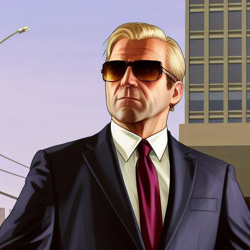 gtav style, blonde hair, man,flat hair,A middle aged handsome man with stubble, wearing a beige suit jacket and a dark shirt, with fluent short hair and sunglasses, is walking on the street., photo\(medium\),solo focus, stadium,