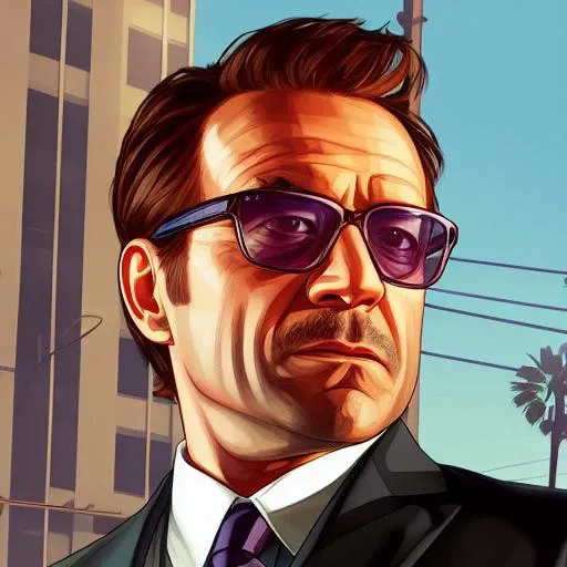 Best quality, artwork-gta5 heavily styilized closeup portrait of rdj wearing glasses looking at the viewer, perfect face, perfect eyes, fat body