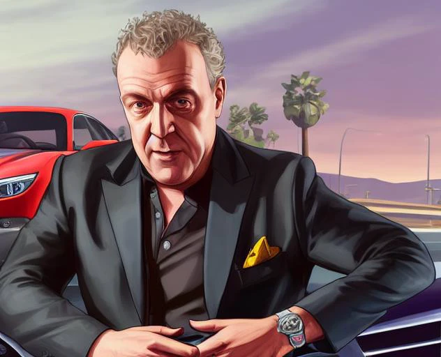 gtav style portrait of (jeremy clarkson) and (richard hammond),on parking area, photo\(medium\),focus to man,middle age guy,car in the background,