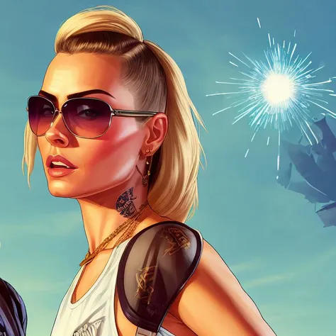 gtav style award winning half body portrait of Kassandra Lodata-1000 a blonde hair woman in a croptop and cargo pants with ombre navy blue teal hairstyle with head in motion and hair flying, paint splashes, splatter, outrun, vaporware, shaded flat illustration, digital art, trending on artstation, highly detailed, fine detail, intricate