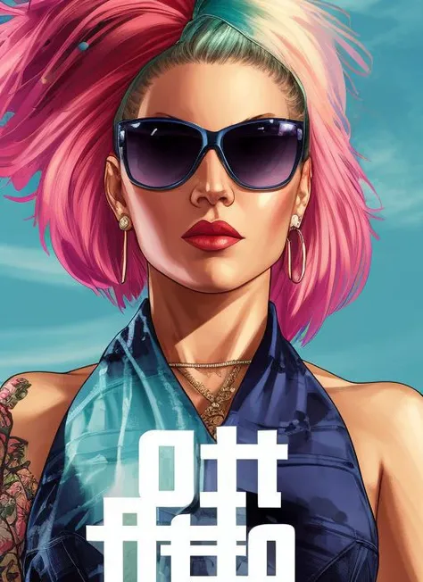 gtav style award winning half body portrait of a woman in a croptop and cargo pants with ombre navy blue teal hairstyle with head in motion and hair flying, paint splashes, splatter, outrun, vaporware, shaded flat illustration, digital art, trending on artstation, highly detailed, fine detail, intricate