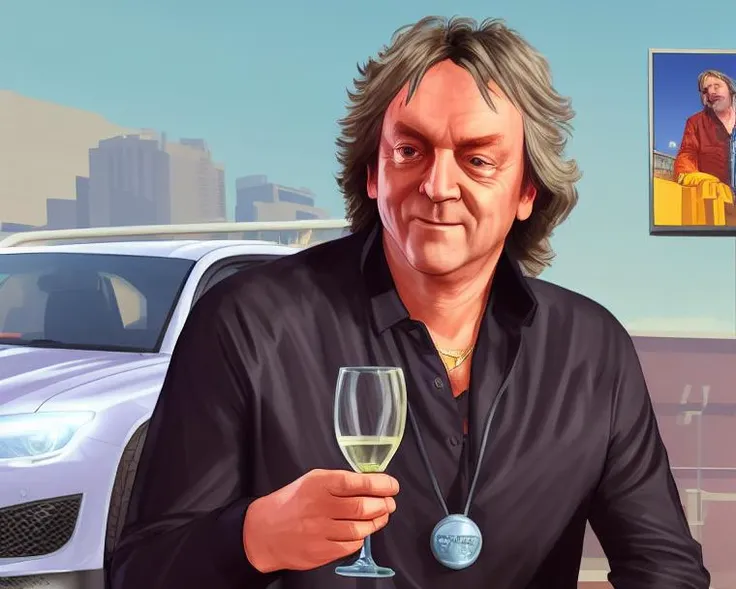 gtav style portrait of (James May:1.3) , photo\(medium\),focus to man,middle age guy,car in background,smile,bushy hair,jacket and shirt