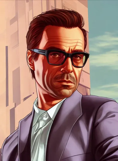 gtav style. Best quality, artwork-gta5 heavily styilized closeup portrait of rdj wearing glasses looking at the viewer, perfect face, perfect eyes, fat body