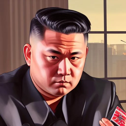 Best quality, artwork-gta5 heavily styilized closeup portrait of the handsome Kim Jung Un looking at the viewer, frowning, perfect face, perfect eyes