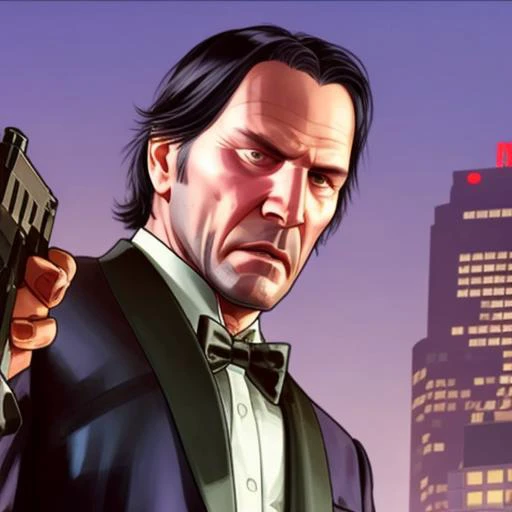 gtav style, keanu reeves as john wick holding a pistol