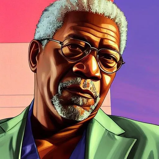 Best quality, artwork-gta5 heavily styilized closeup portrait of morgan freeman looking at the viewer, perfect face, perfect eyes,