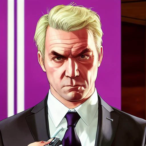 gtav style, blonde hair, man,flat hair,A middle aged,asian, black necktie, blurry, blurry background, blurry foreground, closed mouth, collared shirt, depth of field, formal, jacket, lips, looking at viewer, necktie, photorealistic, portrait, realistic, shirt, solo, suit, white shirt, wing collar, photo\(medium\),solo focus, stadium,
