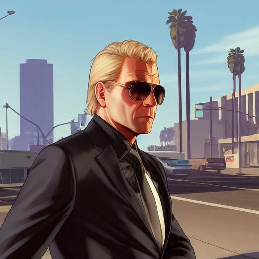 gtav style, blonde hair, man,flat hair,A middle aged handsome man with stubble, wearing a beige suit jacket and a dark shirt, with fluent short hair and sunglasses, is walking on the street., photo\(medium\),solo focus, stadium,