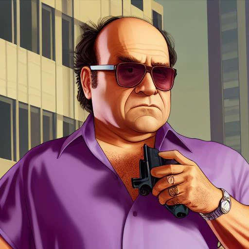 gtav style, danny devito as frank reynolds holding a pistol