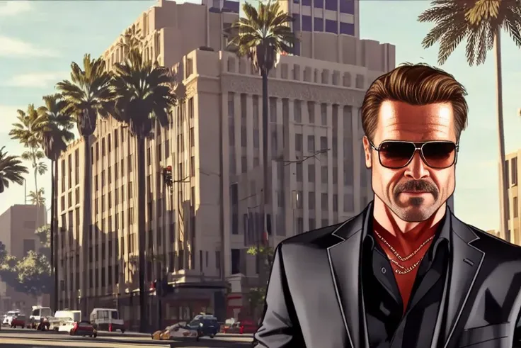 gtav style of Brad Pitt with beard walking on the street holding a pistol