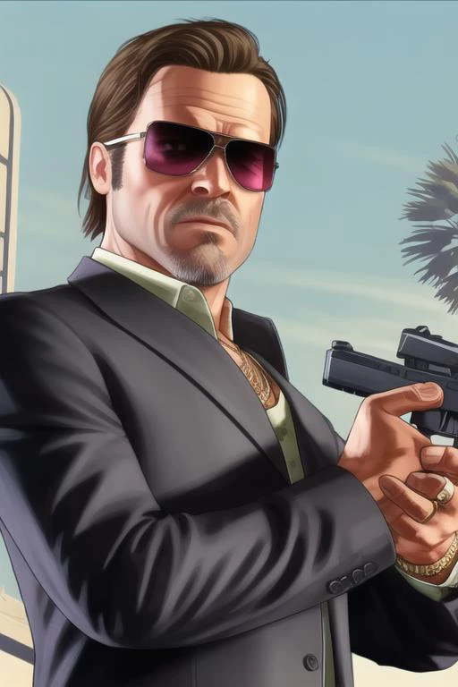 gtav style of Brad Pitt with beard walking on the street holding a pistol