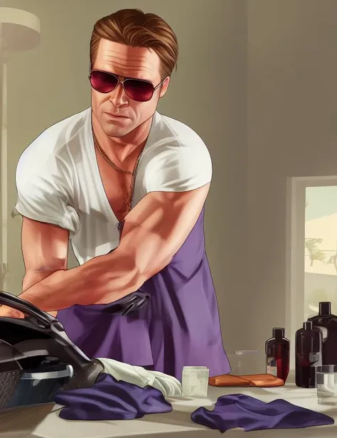 gtav style of Brad Pitt with beard ironing clothes