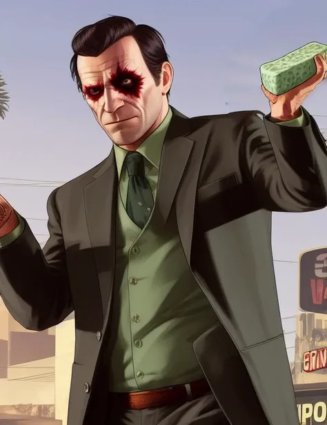(best quality) (realistic) gtav style of the Joker holding a sponge