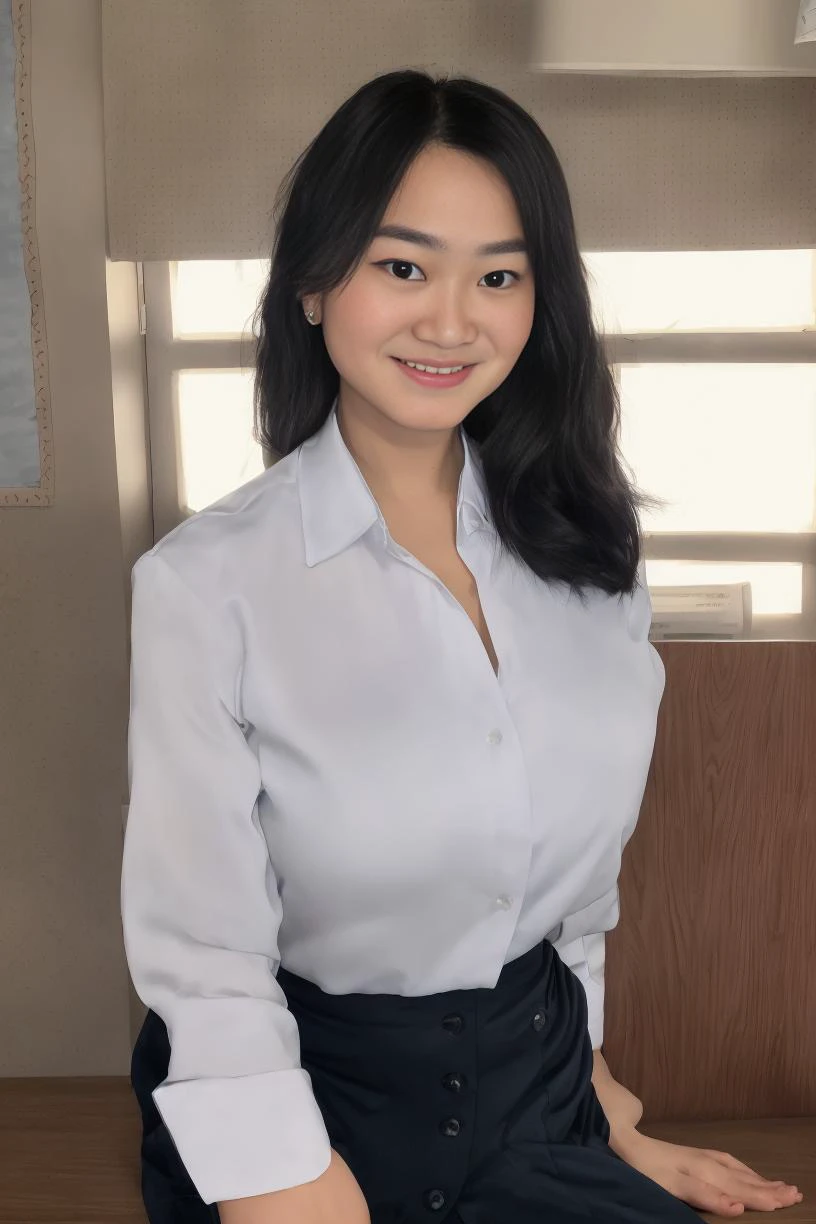 25 years old woman, milf, ((at classroom)), ((school uniform)), RAW photo, (photorealistic:1.37, realistic), highly detailed CG unified 8K wallpapers, 1girl, ((thick body:1.1)), (large breasts:1.2) , looking at viewer, (((straight from front))), (HQ skin:1.2, shiny skin), 8k uhd, dslr, soft lighting, high quality, film grain, Fujifilm XT3, ((full body:0.8)), (professional lighting:1.4) ,  <lora:tokyolagii:1>