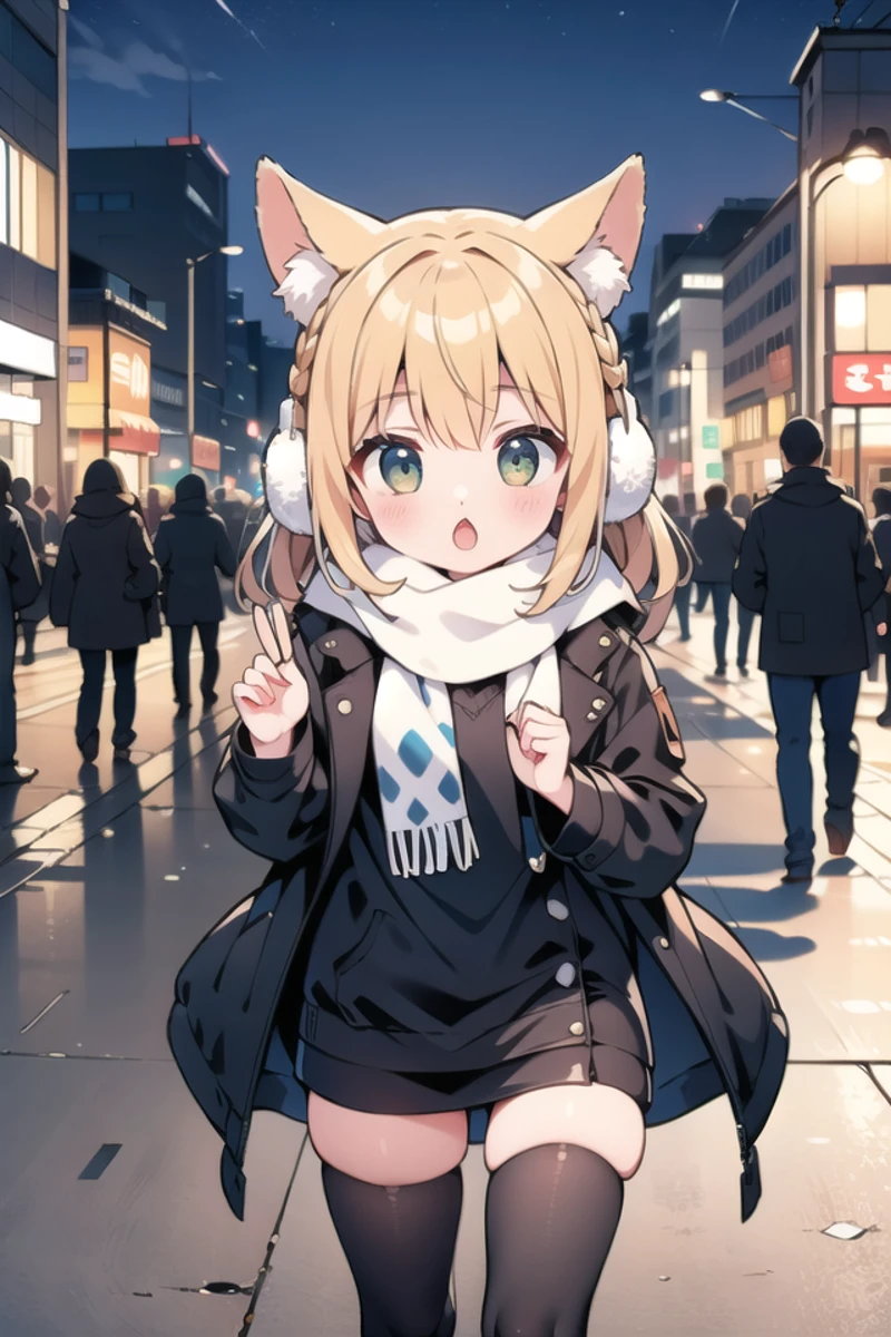 <lora:chestnutmouth_v100:1>
insanely detailed, absurdres, ultra-highres, ultra-detailed, best quality,
1girl, solo, nice hands, perfect hands
BREAK
(wearing a black coat over a white tank top:1.3), (open coat:1.3), (tight leather black mini skirt:1.3), (floating scarf:1.2), (Nordic patterned winter scarf:1.3), ((Covers both ears with fluffy white fur, fluffy Earmuff):1.3), (heeled boots:1.2),
(See-through:-1), (white coat:-1), (black tank top:-1), (tank:-1), (navel:-1)
BREAK
(nsfw:-1.5)
BREAK
expressionless, open mouth
BREAK
standing, cowboy shot, looking at viewer
BREAK
slender, kawaii, perfect symmetrical face, ultra cute girl, ultra cute face, ultra detailed eyes, ultra detailed hair, ultra cute, ultra beautiful
BREAK
in street, cityscape in akihabara, depth of field, ultra detailed background
BREAK
medium breasts
BREAK
orange hair, green eyes, crown braid,