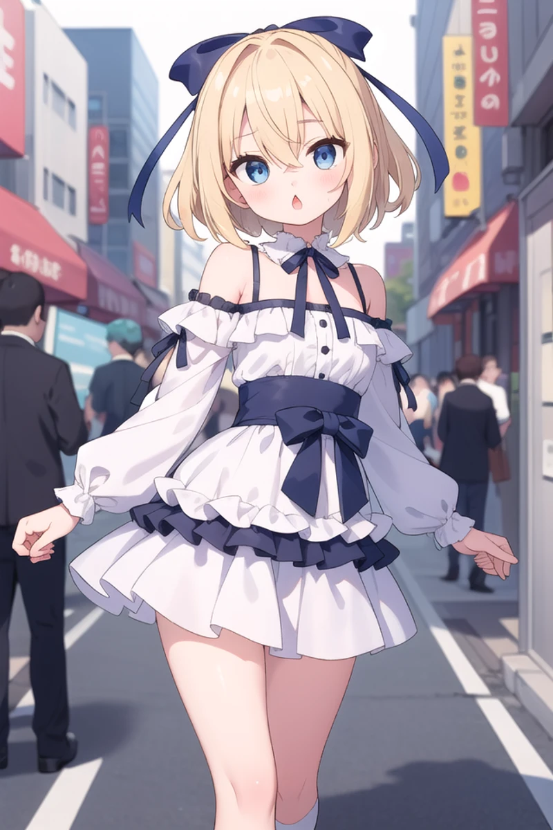 <lora:chestnutmouth_v100:1>
insanely detailed, absurdres, ultra-highres, ultra-detailed, best quality,
1girl, solo, nice hands, perfect hands
BREAK
(white theme:1.5), ((cute fashion, girly style):1.2), (cute white dress with lots of ribbon decorations:1.3), (all white one-piece dress:1.3), (fusion of white blouse with ruffled stand collar and tiered skirt with ruffles:1.4), ((cold shoulder, exposed shoulder skin):1.3), (long billowy sleeve with ribbon cuffs:1.3), (white ruffled short socks:1.3)
BREAK
(black ribbon bow:1.3), (lots of ribbon decorations on skirt:1.3), (black big ribbon on waist:1.3), (many bribbons on sleeves:1.3), (many ribbon decorations on dress:1.3), (black pumps with heels:1.2),
(See-through:-1), (bag:-1), (black dress:-1), (black tops:-1), (black skirt:-1), (collarbone:-1), (clothes divided into upper and lower parts:-1), (belt:-1), (shoulder strap:-1), (toe:-1), (toe skin:-1), (white ribbon:-1), (off shoulder:-1)
BREAK
(nsfw:-1.5)
BREAK
expressionless, open mouth
BREAK
standing, cowboy shot, looking at viewer
BREAK
slender, kawaii, perfect symmetrical face, ultra cute girl, ultra cute face, ultra detailed eyes, ultra detailed hair, ultra cute, ultra beautiful
BREAK
in street, cityscape in harajuku, depth of field, ultra detailed background
BREAK
large breasts
BREAK
blonde hair, blue eyes, short hair, hair between eyes