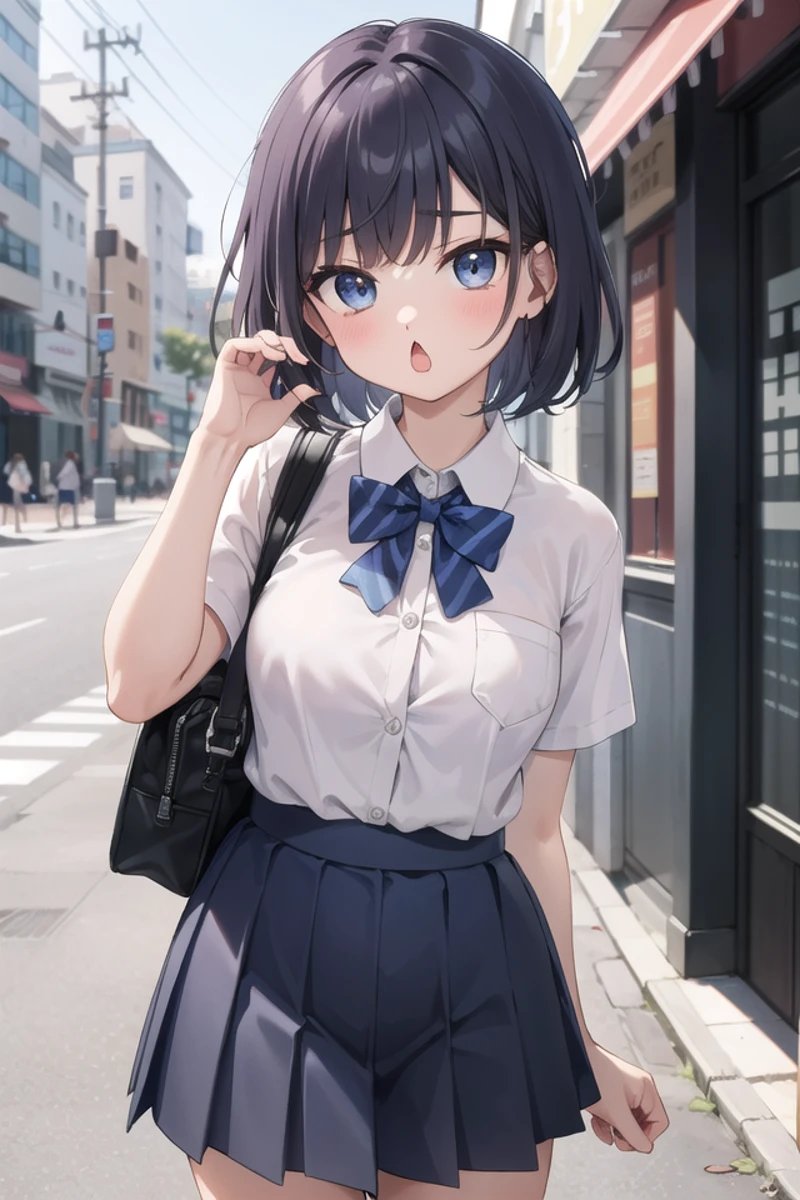 <lora:chestnutmouth_v100:1>
insanely detailed, absurdres, ultra-highres, ultra-detailed, best quality,
1girl, solo, nice hands, perfect hands
BREAK
summer school uniform, (plain dark blue skirt with many pleats:1.4), (striped indigo blue bowtie:1.3), short sleeves, white shirt, shirt with white button, shirt_tucked_in
BREAK
(breast pocket, vest, blazor, long sleeves, checked skirt, striped skirt, striped shirt, striped sleeves, bra visible through clothes, skirt with frill:-1)
BREAK
(nsfw:-1.5)
BREAK
expressionless, open mouth
BREAK
standing, cowboy shot, looking at viewer
BREAK
slender, kawaii, perfect symmetrical face, ultra cute girl, ultra cute face, ultra detailed eyes, ultra detailed hair, ultra cute, ultra beautiful
BREAK
in japanese street, cityscape in japan, depth of field, ultra detailed background
BREAK
medium breasts
BREAK
red hair, blue eyes, short hair,