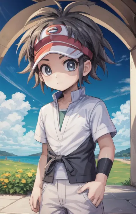 1 boy,more details in eyes,cute,looking at viewer, adorabel boy,cute face,details sky,handsome,young,juvenile,((masterpiece:1.4,best quality)),multiple details,colorful hair,eyeshadow,sfw, nate \(pokemon\),visor
<lora:NateLora:0.6>