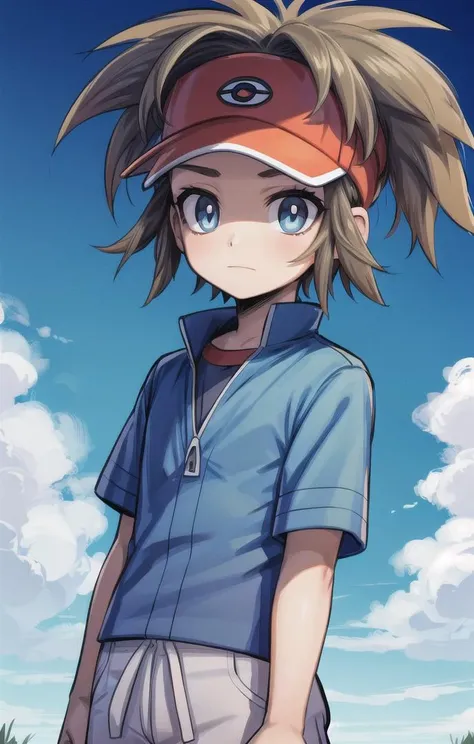 1 boy,more details in eyes,cute,looking at viewer, adorabel boy,cute face,details sky,handsome,young,juvenile,((masterpiece:1.4,best quality)),multiple details,colorful hair,eyeshadow,sfw,   nate \(pokemon\),visor
 <lora:NateLora:0.6>