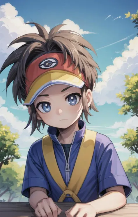 1 boy,more details in eyes,cute,looking at viewer, adorabel boy,cute face,details sky,handsome,young,juvenile,((masterpiece:1.4,best quality)),multiple details,colorful hair,eyeshadow,sfw,   nate \(pokemon\),visor
 <lora:NateLora:0.6>