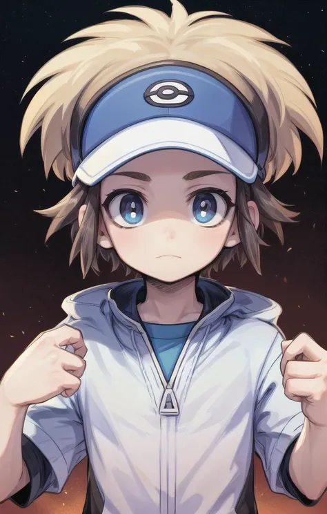 1 boy,more details in eyes,cute,looking at viewer, adorabel boy,cute face,details sky,handsome,young,juvenile,((masterpiece:1.4,best quality)),multiple details,colorful hair,eyeshadow,sfw,   nate \(pokemon\),visor
 <lora:NateLora:0.6>
