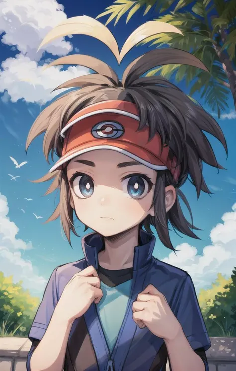 1 boy,more details in eyes,cute,looking at viewer, adorabel boy,cute face,details sky,handsome,young,juvenile,((masterpiece:1.4,best quality)),multiple details,colorful hair,eyeshadow,sfw, nate \(pokemon\),visor
<lora:NateLora:0.6>