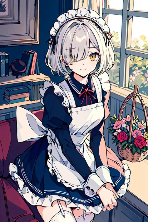 <lora:Cierra:0.8>garter straps, apron, hair over one eye, maid headdress, multiple girls, basket, looking at viewer, thighhighs, long sleeves, maid, hat, dress, braid, holding, 2girls, yellow eyes, breasts, letterboxed, frills, closed mouth, cross, collar, indoors, maid apron, smile, black dress, short hair, grey hair, puffy sleeves, bangs, frilled apron, white apron, flower, solo focus, juliet sleeves, ribbon, white hair, blonde hair, jewelry, 1boy, holding basket, french braid