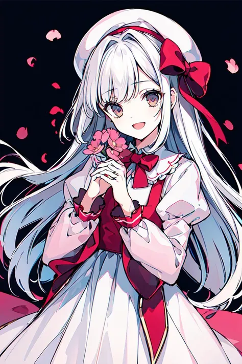 <lora:Cierra:0.8>1girl, solo, flower, black background, long hair, hat, dress, smile, open mouth, red bow, holding flower, brown eyes, looking at viewer, long sleeves, bow, white hair, white dress, simple background, petals, holding, :d, pink headwear, pink flower, bangs, own hands together, puffy sleeves, bowtie