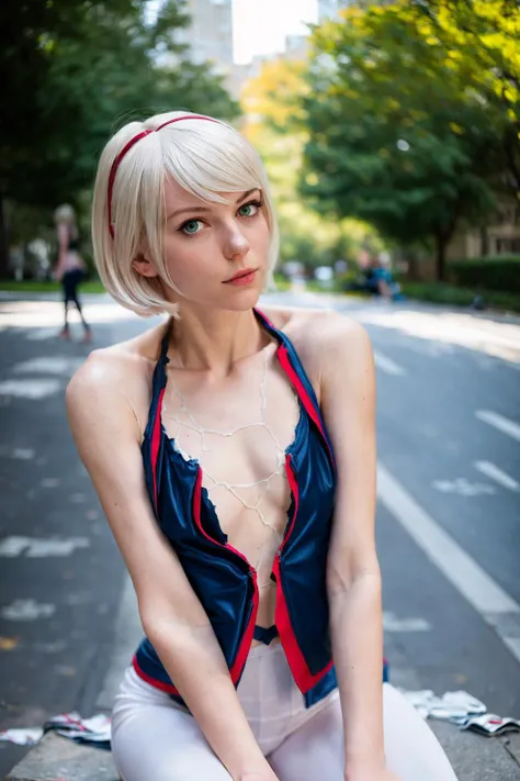 (gwen stacy) spider-man, portrait photo of cute age 18 girl, sitting on park bench, ((torn clothes)), tight fitting outfit, white hair, topless, ((flat chest)), ((skinny)), sitting on street curb, (masterpiece:1.2) and (best quality:1.2) and (photorealistic:1.4) and (Realistic:1.4) and Detailed Skin Textures and detailed skin pores