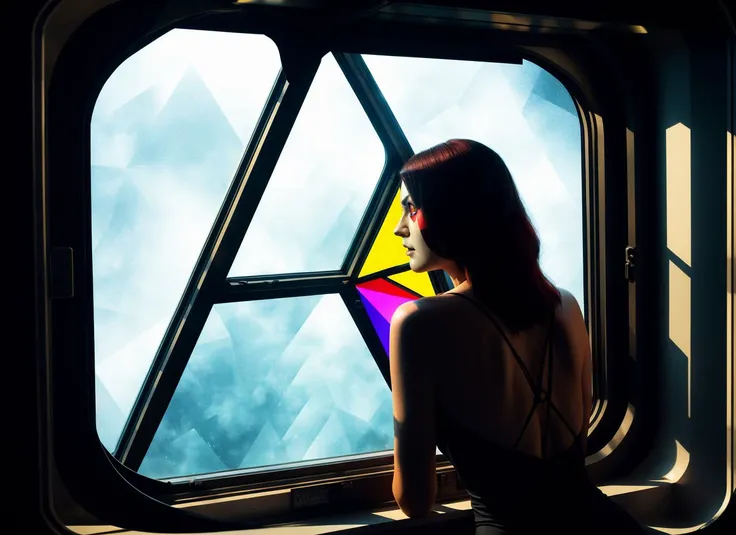 three cornered window, back of head shot of (woman looking out of triangle window:1.1), 3rd person, Looking out the triangular window of a (train:1.1) with triangular windows, triangular windows and triangular, wheels,  in a fantasy world, 
psychedelic, geometric, vivid light, high contrast, triadic colors, dark shadows,  explosions, nuclear mushroom cloud, nuclear explosion, dystopian nightmare, 
(beautiful composition),
21 yo woman,