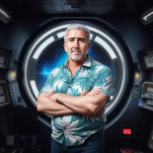 science fiction. photo of (Paul Hollywood) as a grizzled mature male crewmember. dad bod. grey buzz cut. pockets. open bright (Hawaiian shirt). on bridge of a starship. in space. holster. cinematic lighting. photorealistic. high tech. thick eyebrows. blue eyes.