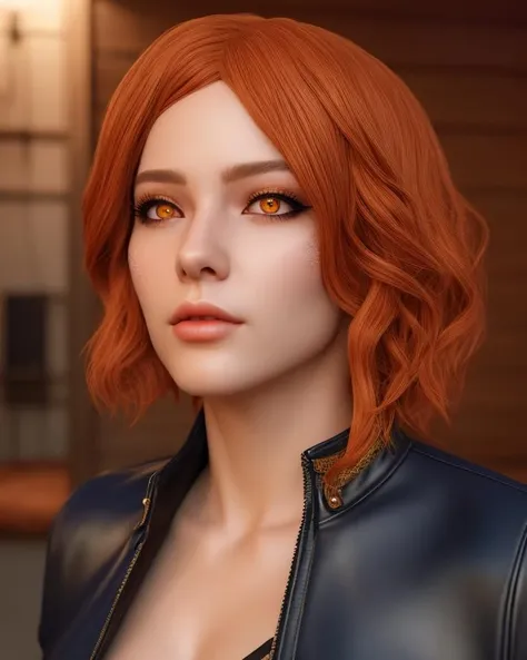 (masterpiece:1.2) and (best quality:1.2) and (photorealistic:1.4) and (Realistic:1.4) , Detailed Skin Textures , detailed skin pores, cosplay, 1girl, solo, shiny skin, upper body, parted lips, orange eyes, red hair, jacket,