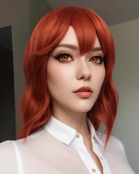 (masterpiece:1.2) and (best quality:1.2) and (photorealistic:1.4) and (Realistic:1.4) , Detailed Skin Textures , detailed skin pores, cosplay, 1girl, solo, shiny skin, upper body, parted lips, orange eyes, red hair, white shirt, sfw