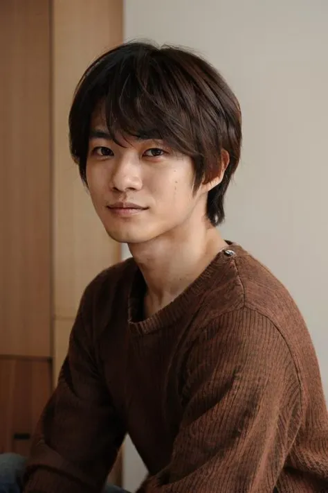 <lora:ryokamiki:0.65> ryokamiki wearing a brown sweater, portrait, taken on a film camera