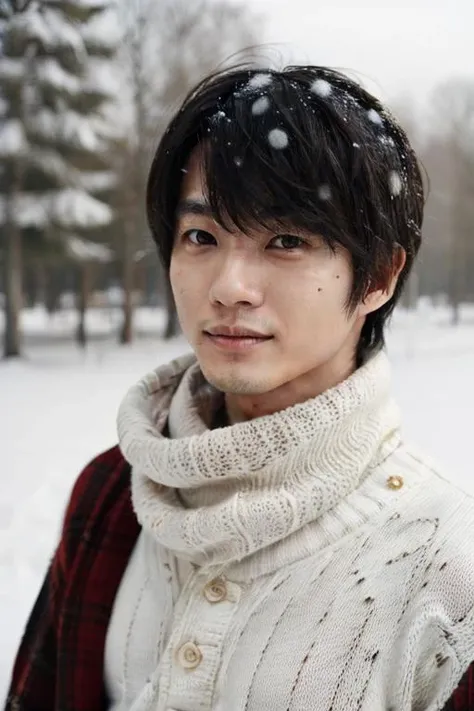 <lora:ryokamiki:0.65> ryokamiki wearing a white sweater and a scarf, in the snow, portrait, taken on a film camera