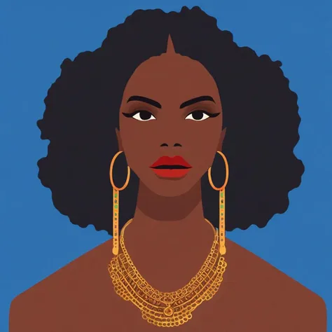 vztdzsxx, 1girl, solo, jewelry, necklace, colored skin, earrings, dark-skinned female, black hair, dark skin, black eyes, big hair, simple background, upper body, very dark skin, blue background, hoop earrings, lipstick, flat color, lips, flat color, vector art, illustration, vector illustration, cel shading, simple coloring, score_9, score_8_up, score_7_up, score_6_up, score_5_up, score_4_up