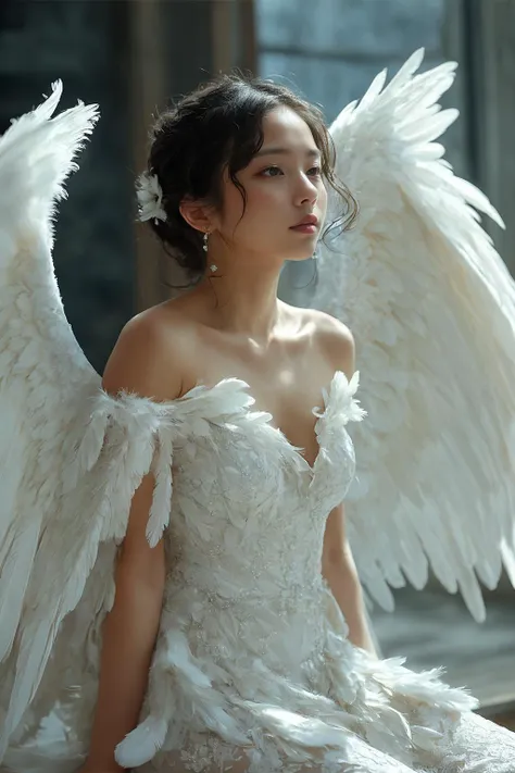 a girl, sitting, sideways, light, depth of field, blurred background, window,luxury, marvelous, gorgeous, noble, wing, white wings, feathered wings, white dress, angel, feather, angel wings, wings, white feathers,
 <lora:20240104-1704367977701:0.6>