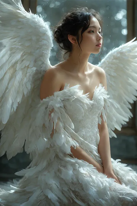 a girl, sitting, sideways, light, depth of field, blurred background, window,luxury, marvelous, gorgeous, noble,
<lora:20240104-1704367977701:0.7> wing, white wings, feathered wings, white dress, angel, feather, angel wings, wings, white feathers