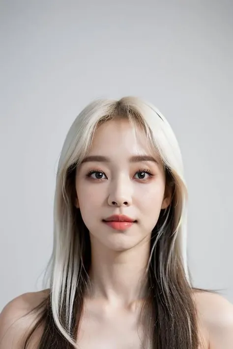(masterpiece, top quality, best quality, (close-up photograph: 2), ((1girl)), korean, fair skin, (extremely detailed face), ((looking at viewer)), ((((ultra-detailed eyes and pupils)))), cheekbone, plump cheeks, ((bare pectorals)), ((bare chest)), ((tube dress)), bare head, ((bare shoulders)), symmetrical frame, (((strapless))), ((smile)), ((symmetrical pose)), (symmetrical face: 1.6), 35mm, ((((minimal plain white background)))), ((no lighting)), long hair, no watermark,long hair, bangs, <lora:moonbyullorashy:1>